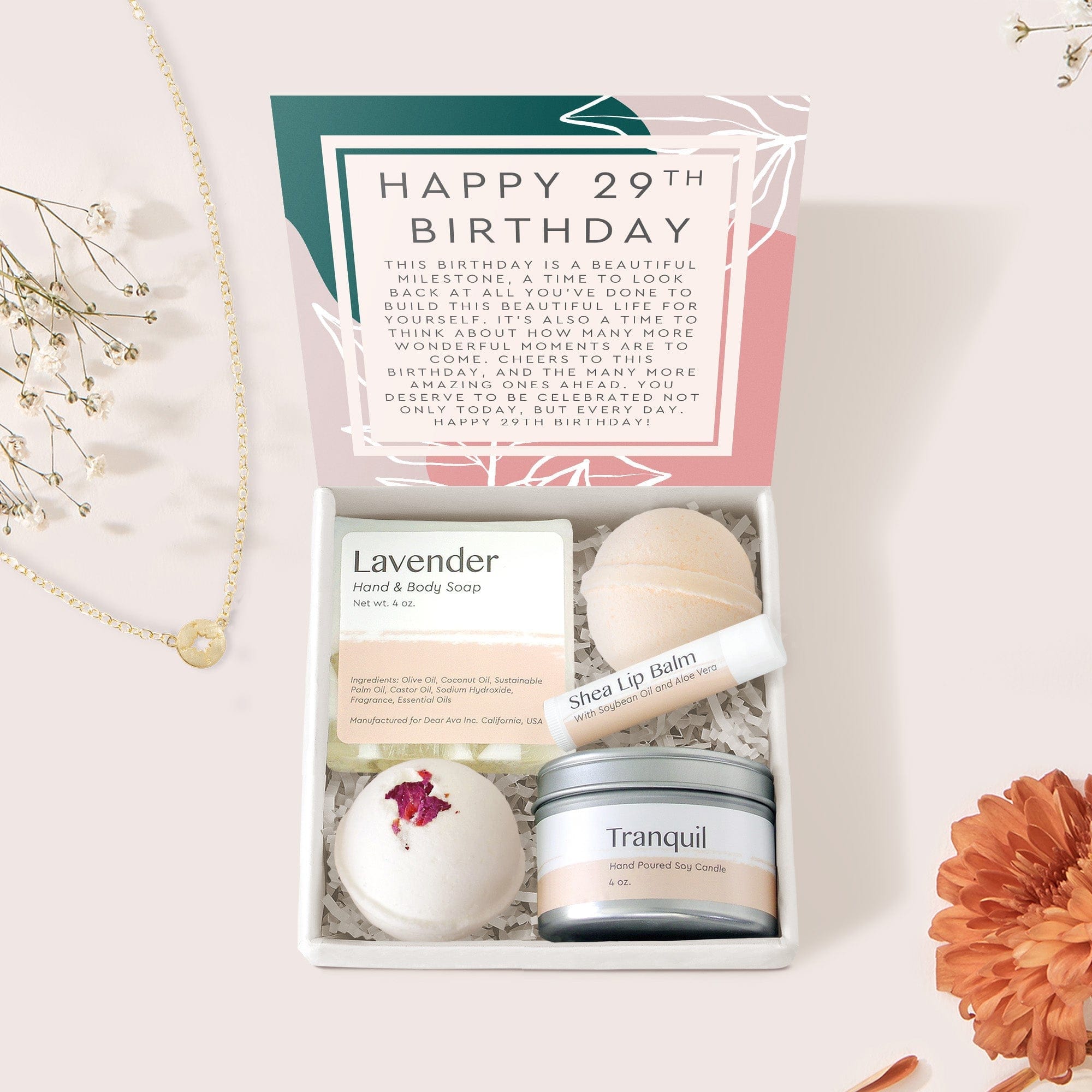 29th Birthday Compass Necklace Spa Gift Box Set