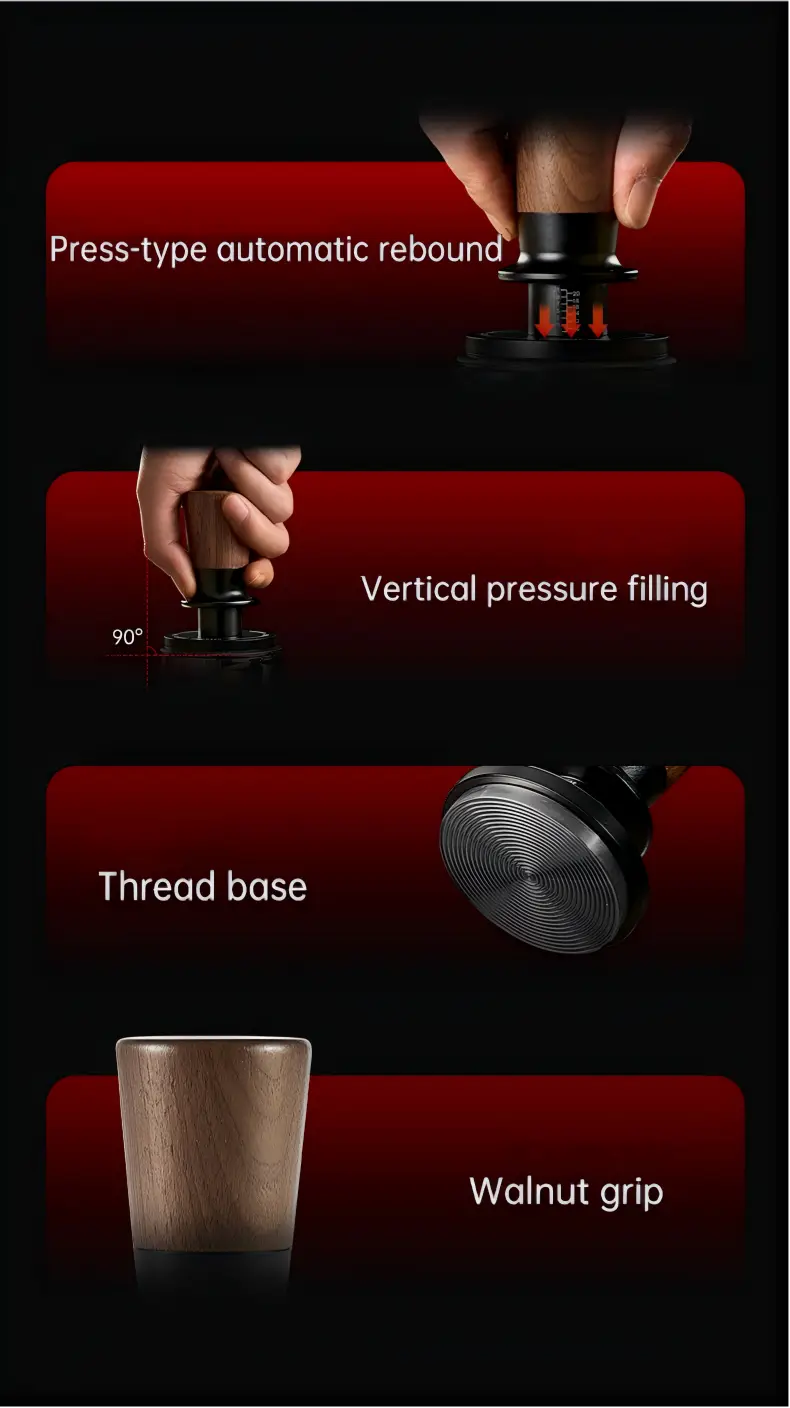 Muyu constant force spring espresso tamper with walnut wood grip, self-leveling press design, vertical pressure filling and threaded stainless steel base for consistent espresso tamping.