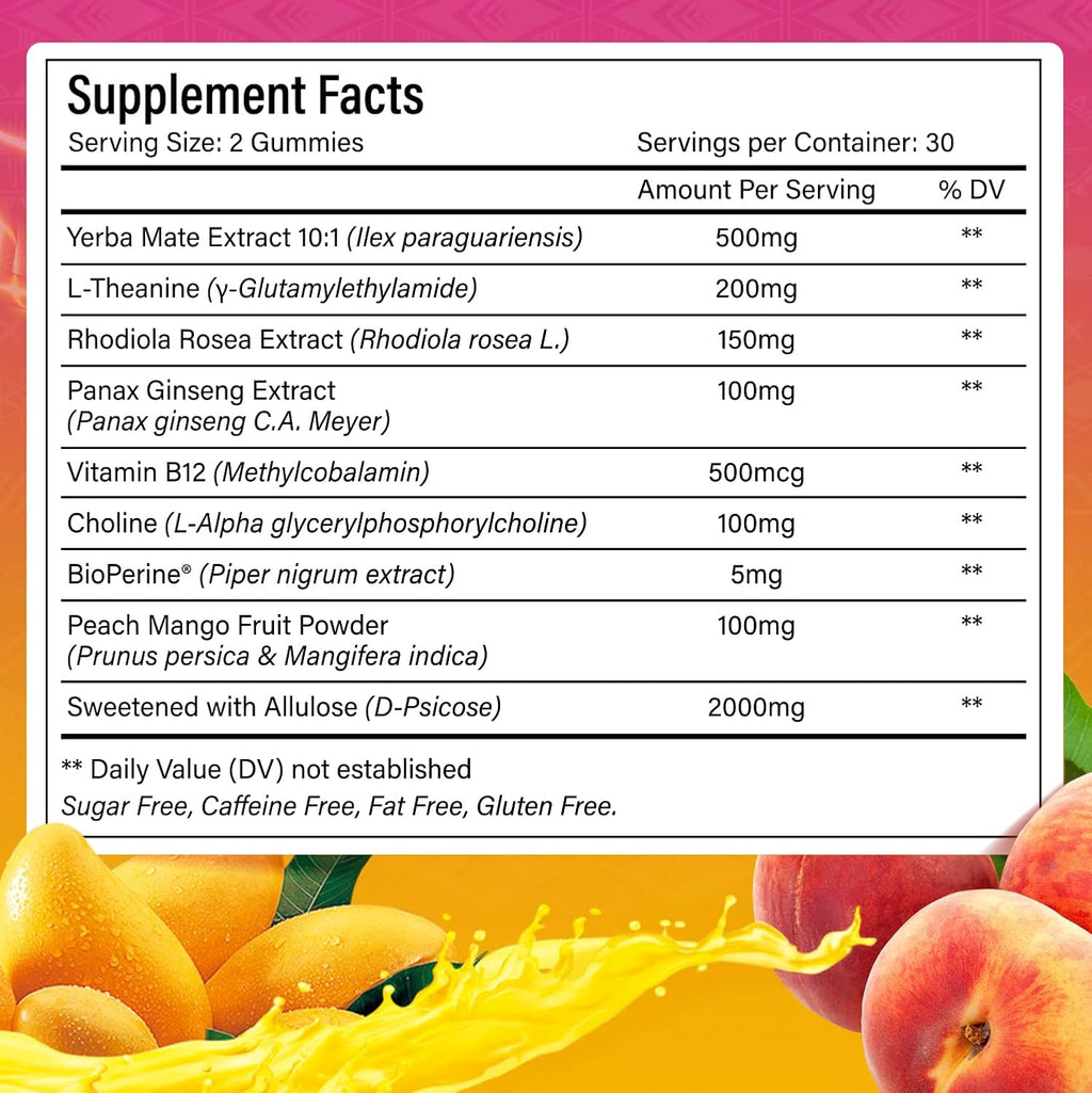 Yerba Mate Gummies – Super Focus & Energy Support – Formulated with Yerba Mate Extract, L-Theanine, Rhodiola, Ginseng, Choline, B12 – Peach Mango Flavor