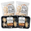 Premium K Butter's Best Friends Set featuring whole cooked abalone meat and frozen Yesso scallops, gourmet seafood gift set with two packs of premium abalone and two bags of frozen scallops, ready to cook Korean seafood delicacies on white background