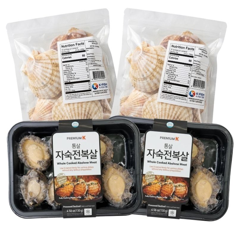 Premium K Butter's Best Friends Set featuring whole cooked abalone meat and frozen Yesso scallops, gourmet seafood gift set with two packs of premium abalone and two bags of frozen scallops, ready to cook Korean seafood delicacies on white background