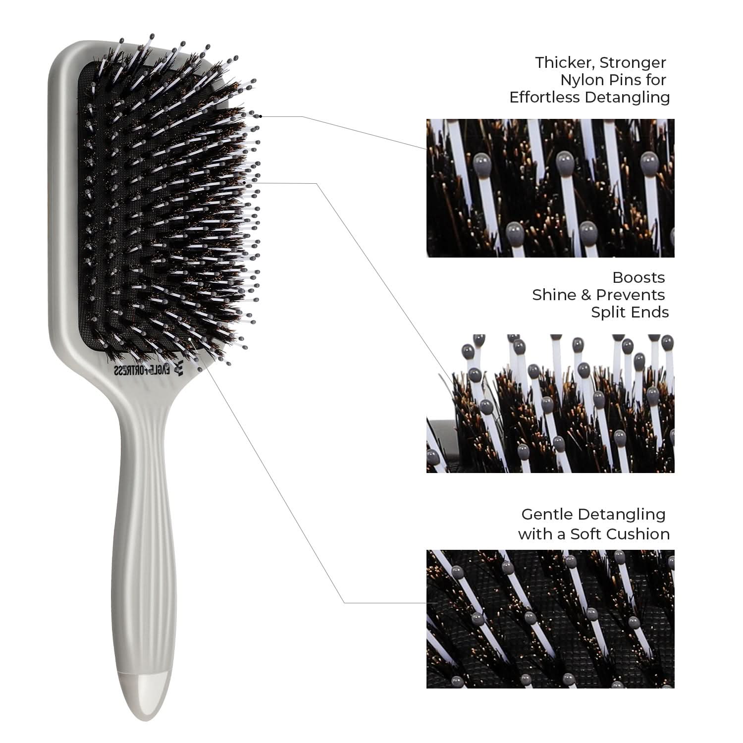 Eagle Fortress Boar Bristle Paddle Brush - Grey