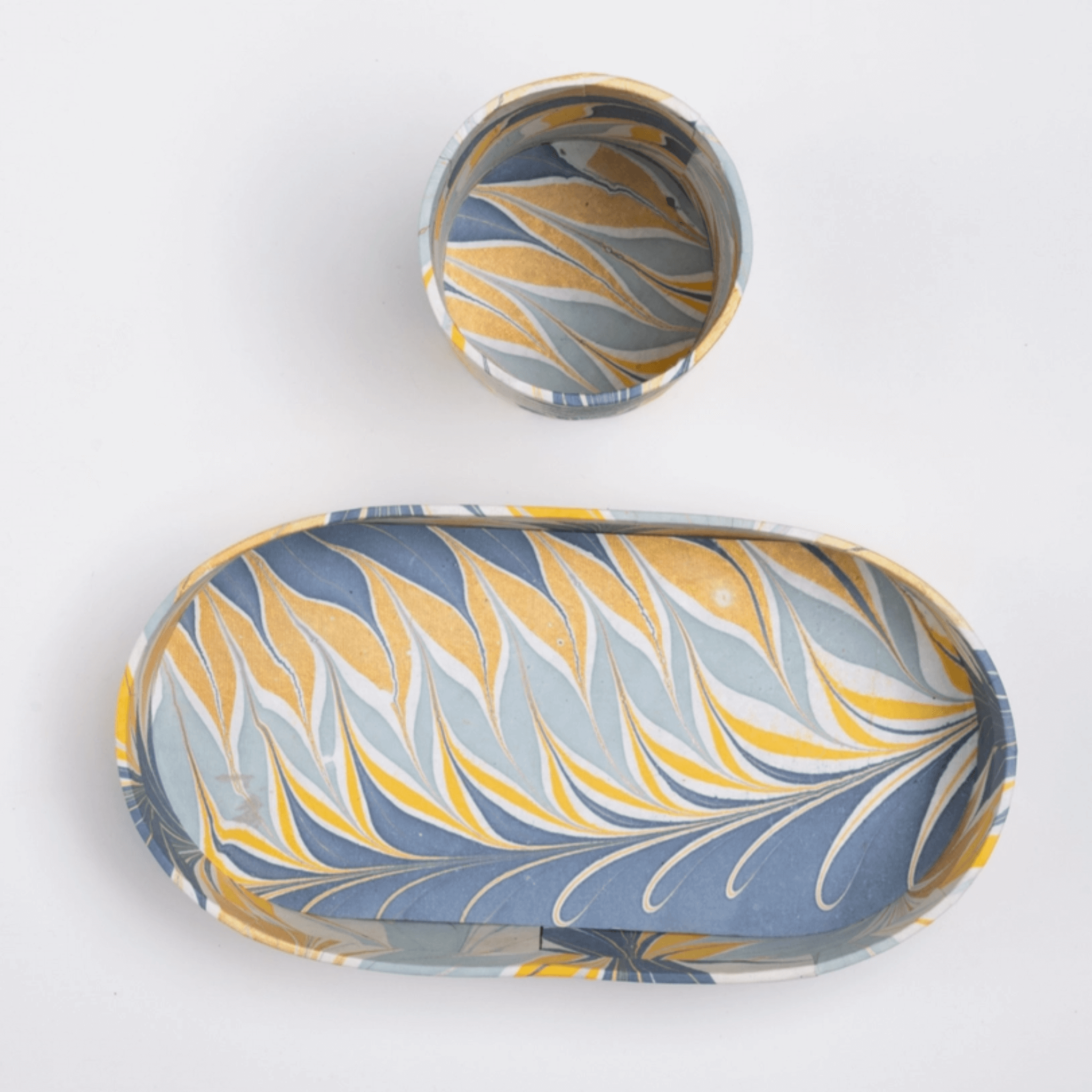 HAND-MARBLED TRAY + CUP SET - GOLDEN BLUE