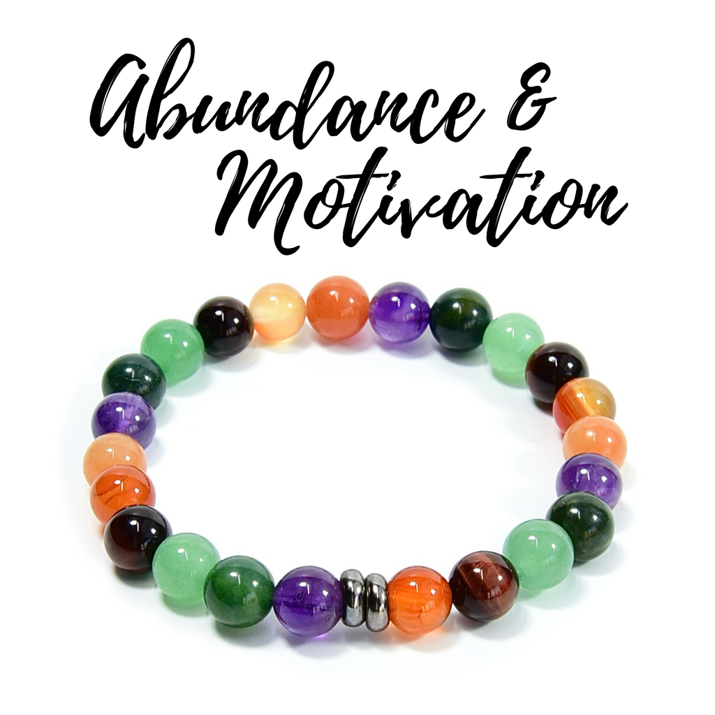 Colorful beaded bracelet on a white background with 'Abundance & Motivation' text. Abundance & Motivation Vibes Bracelet