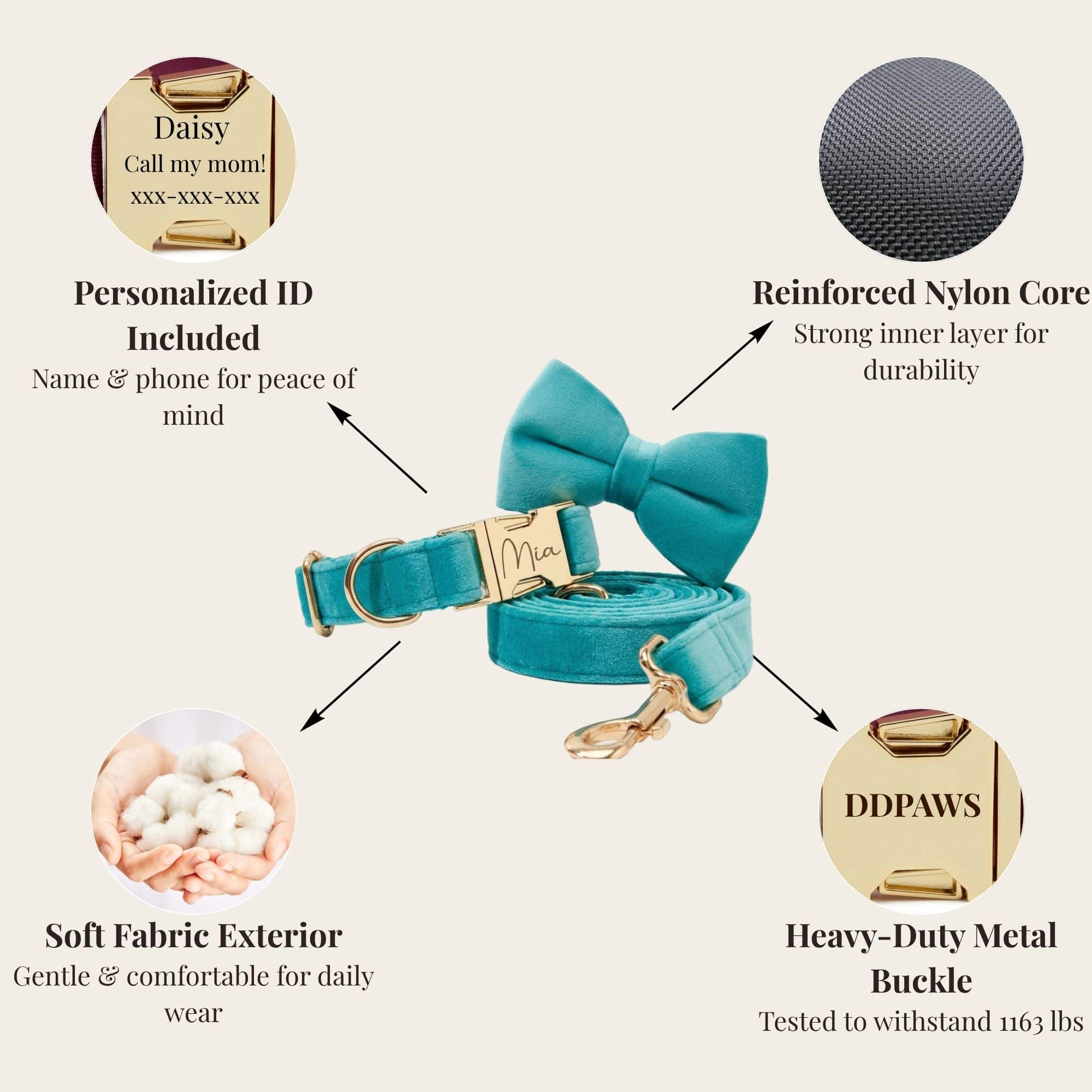 Teal dog collar with bow tie and leash, featuring labeled components on a white background.