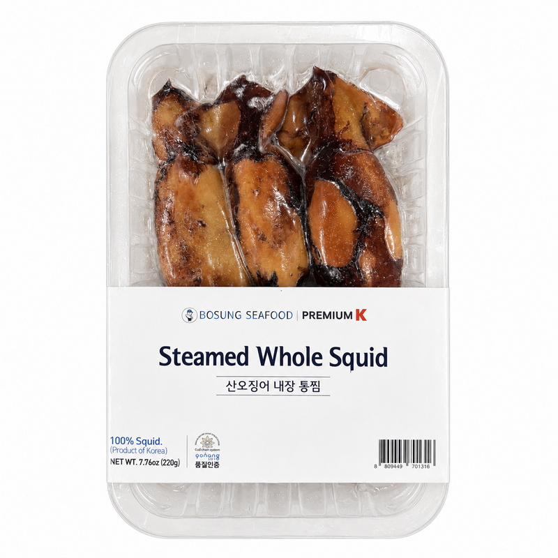 Bosung Seafood Premium K Steamed Whole Squid, 7.76 oz (220g), fully cooked whole squid with innards, wild-caught Korean seafood, frozen calamari, high-protein gourmet seafood meal in retail package on white background.