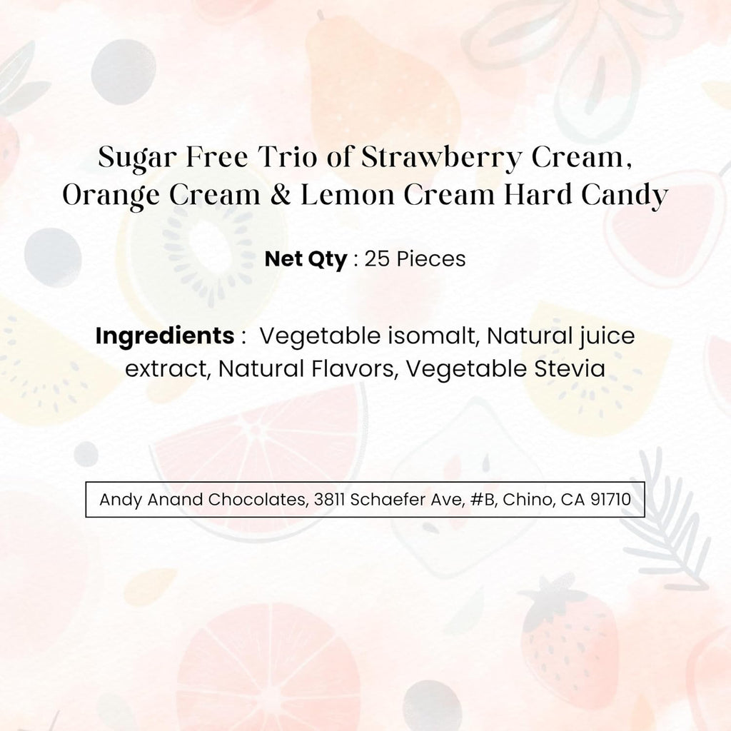 Andy Anand Sugar Free Trio Candies – Strawberry, Orange & Lemon Hard Candy, Aspartame Free, Non-GMO, Keto & Diabetic Friendly, 25 Pc