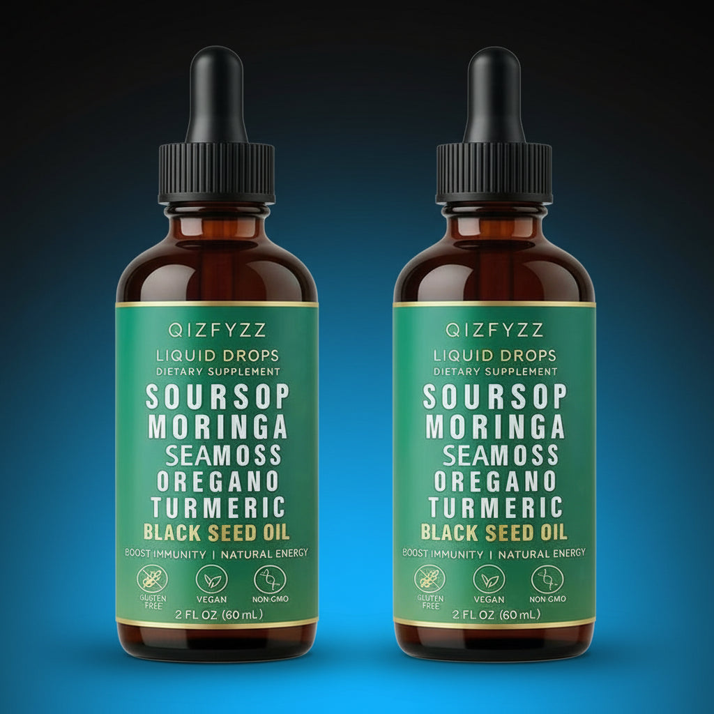 Two bottles of Soursop Bitters Liquid Drops 10-in-1 herbal extract with soursop, moringa, sea moss, oregano, turmeric, black seed oil, and ashwagandha in a 2 fl oz dropper bottle (each).