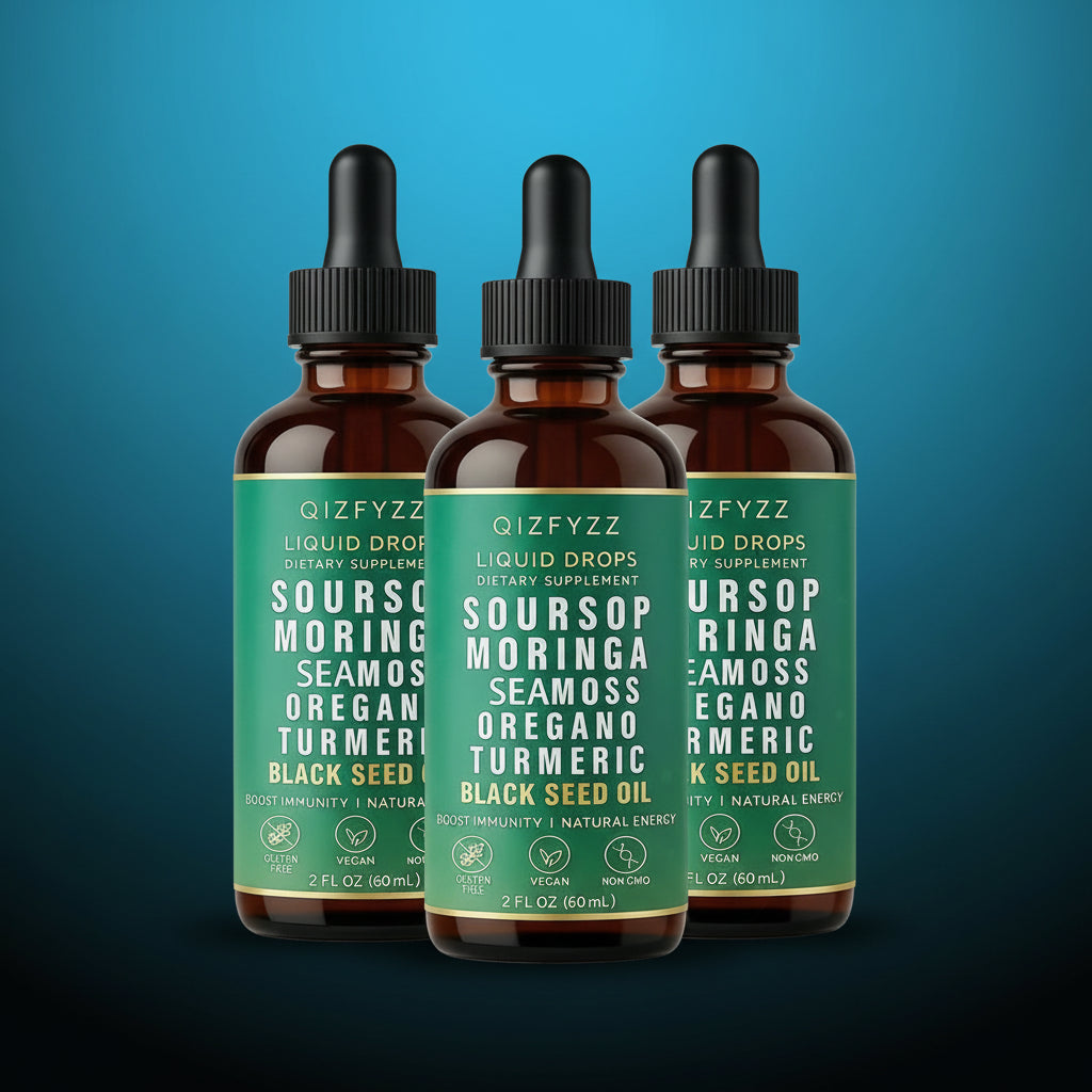 3 liquid tincture dropper bottles 3 Soursop Bitters Liquid Drops 10-In-1 with Nori, Moringa, Turmeric, Black Seed Oil, Oregano, Ashwagandha Herbal Extracts for Overall Health Vegan, Non-Qz 2 Fl Oz Bathroom Fitness Dietary Supplement