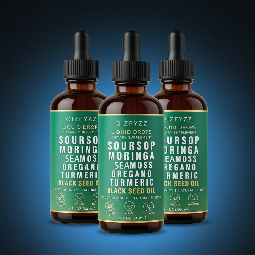 Three liquid tincture dropper bottles 3 Bottle Soursop Bitters Liquid Drops 10-In-1 with Nori, Moringa, Turmeric, Black Seed Oil, Oregano, Ashwagandha Herbal Extracts for Overall Health Vegan, Non-Qz 2 Fl Oz Bathroom Fitness Dietary Supplement