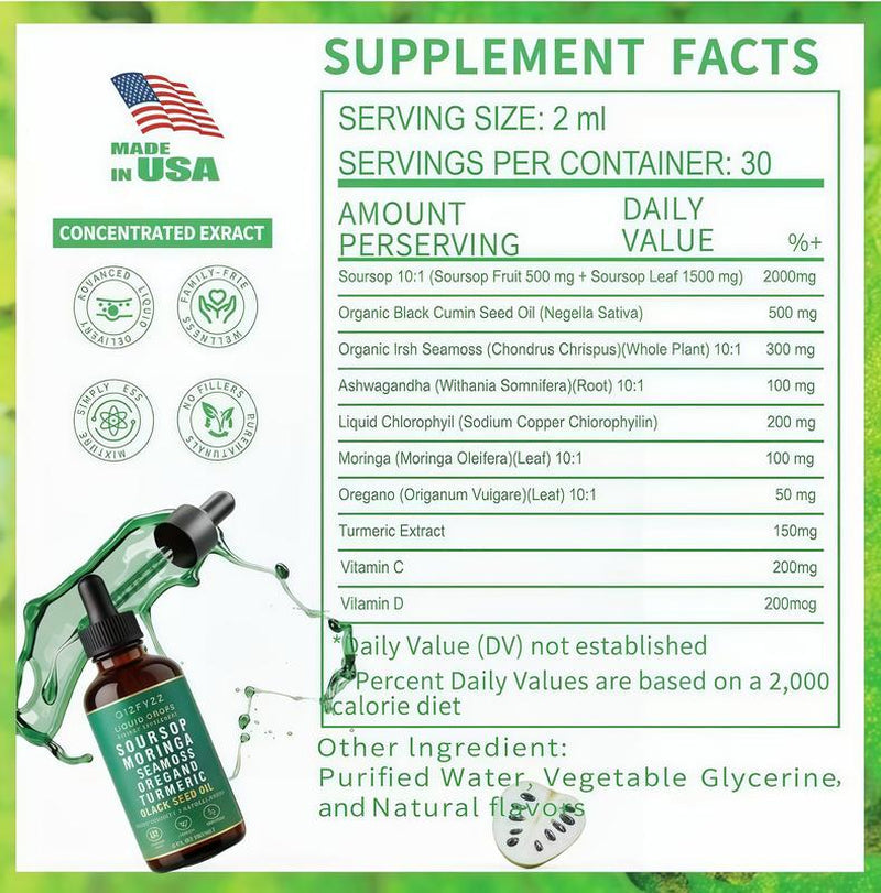 Supplement facts for liquid tincture dropper bottles Soursop Bitters Liquid Drops 10-In-1 with Nori, Moringa, Turmeric, Black Seed Oil, Oregano, Ashwagandha Herbal Extracts for Overall Health Vegan, Non-Qz 2 Fl Oz Bathroom Fitness Dietary Supplement
