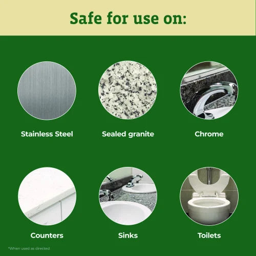 Product safety information for stainless steel, sealed granite, chrome, counters, sinks, and toilets on a green background.