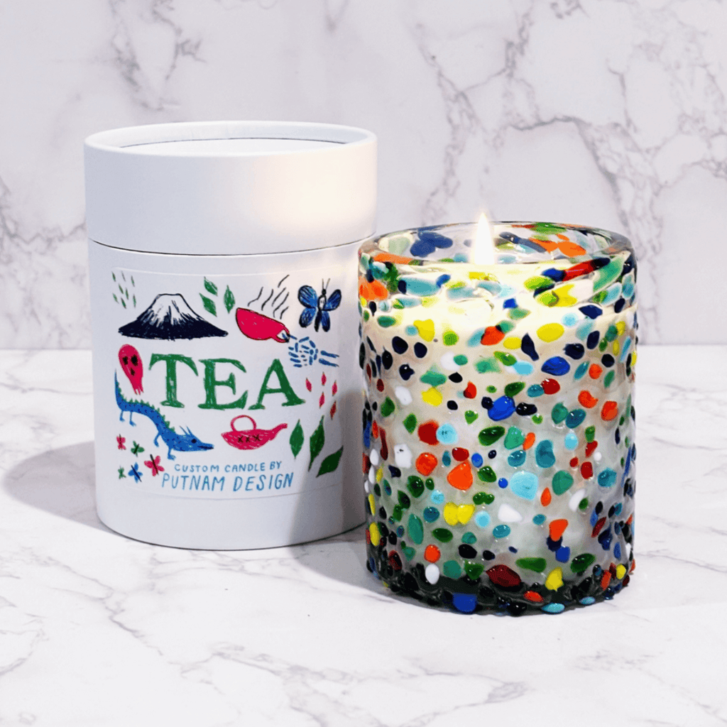 Tea Bubble custom hand-poured 100% soy wax candle in colorful artisan glass holder with tea-themed packaging, crafted in Los Angeles, 40-hour burn time