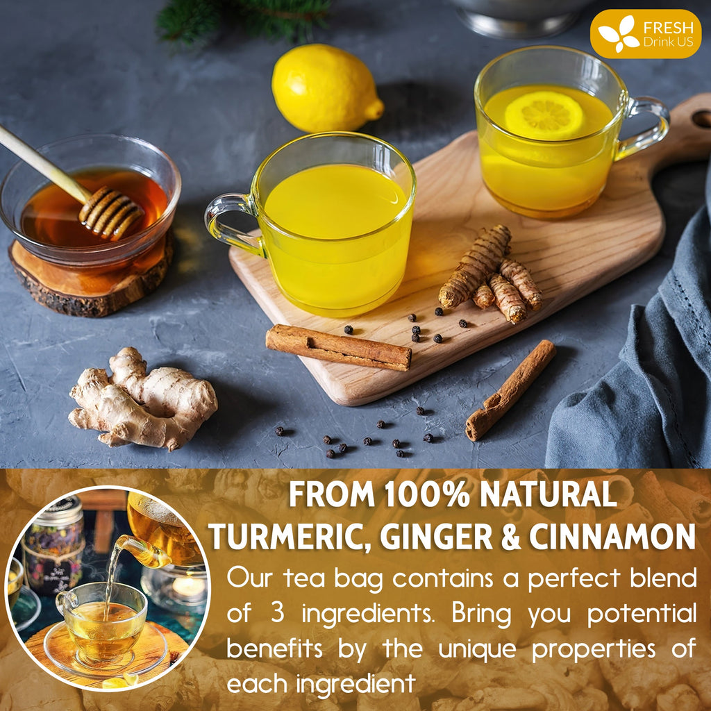 Turmeric, Ginger, Cinnamon Tea, Tea Bags, 100% Natural, Hand-made Blend of Turmeric, Ginger, and Cinnamon. Eco-conscious Tea Bags. Turmeric Ginger Herbal Tea. No Sugar, No Caffeine, No Gluten, Vegan