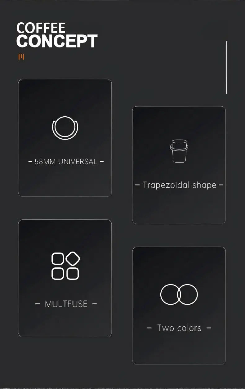 COFFEECONCEPT espresso dosing cup product features: 58mm universal fit, trapezoidal shape, multifunction design and two-color options for precise coffee dosing and barista preparation.