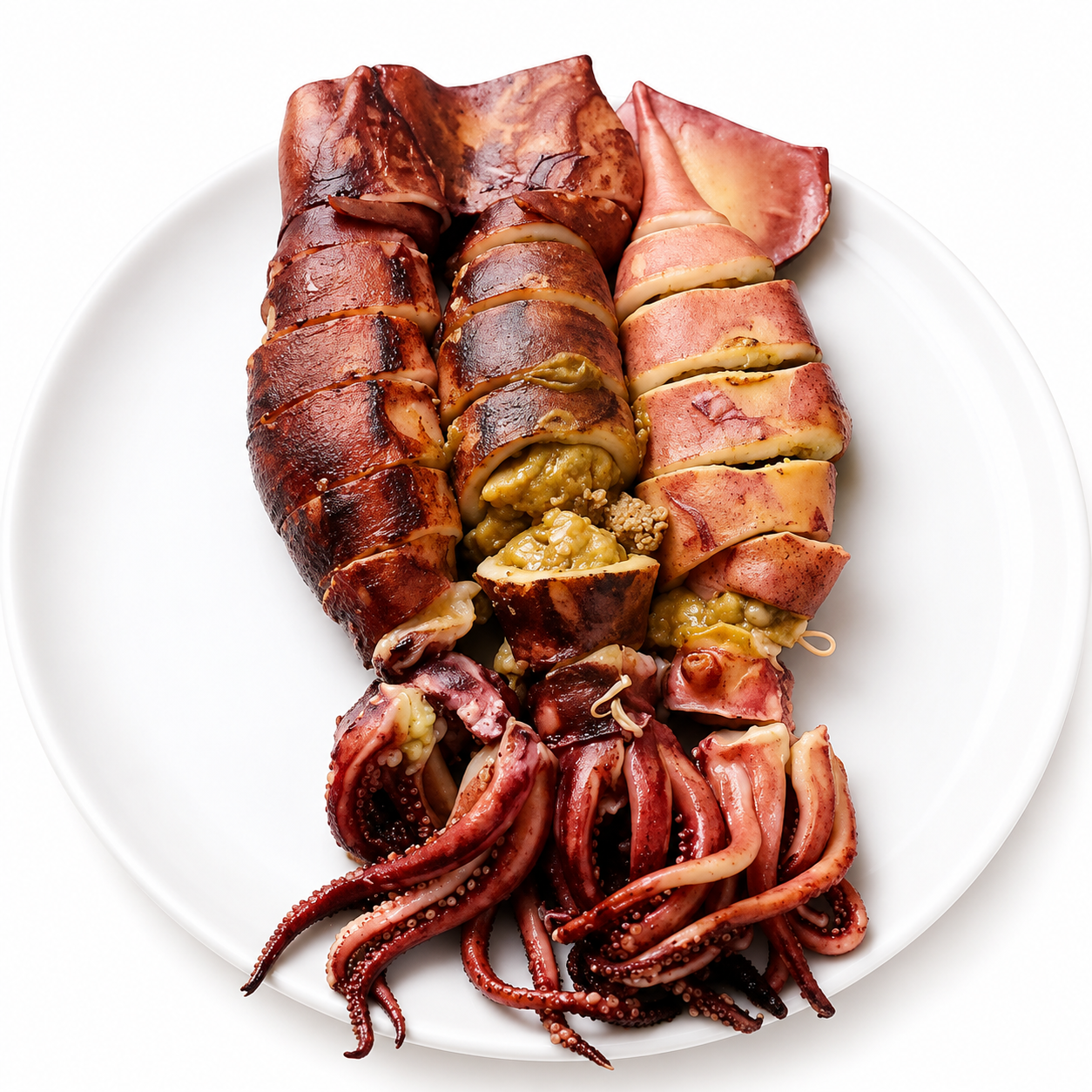 Grilled whole stuffed squid (calamari) on a white plate with savory green filling, tender tentacles, and charred golden-brown exterior, gourmet frozen seafood entrée isolated on a white background.