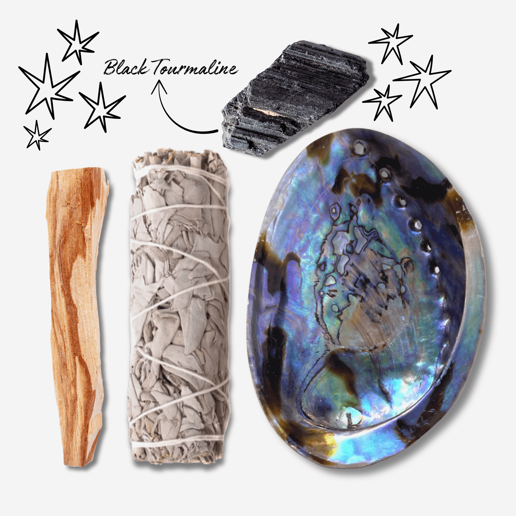 Protection Ritual Set with black tourmaline crystal, white sage smudge bundle, palo santo stick and iridescent abalone shell for cleansing, grounding and spiritual protection.