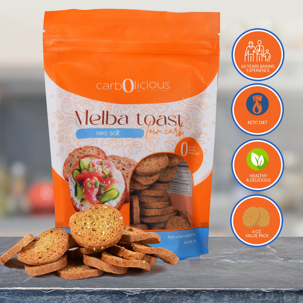 Carbolicious Melba Toast Low-Carb Sugar Free (Sea Salt) KETO Snack, 4oz - 1 Pack. Only 1 Carb for 8 Slices!