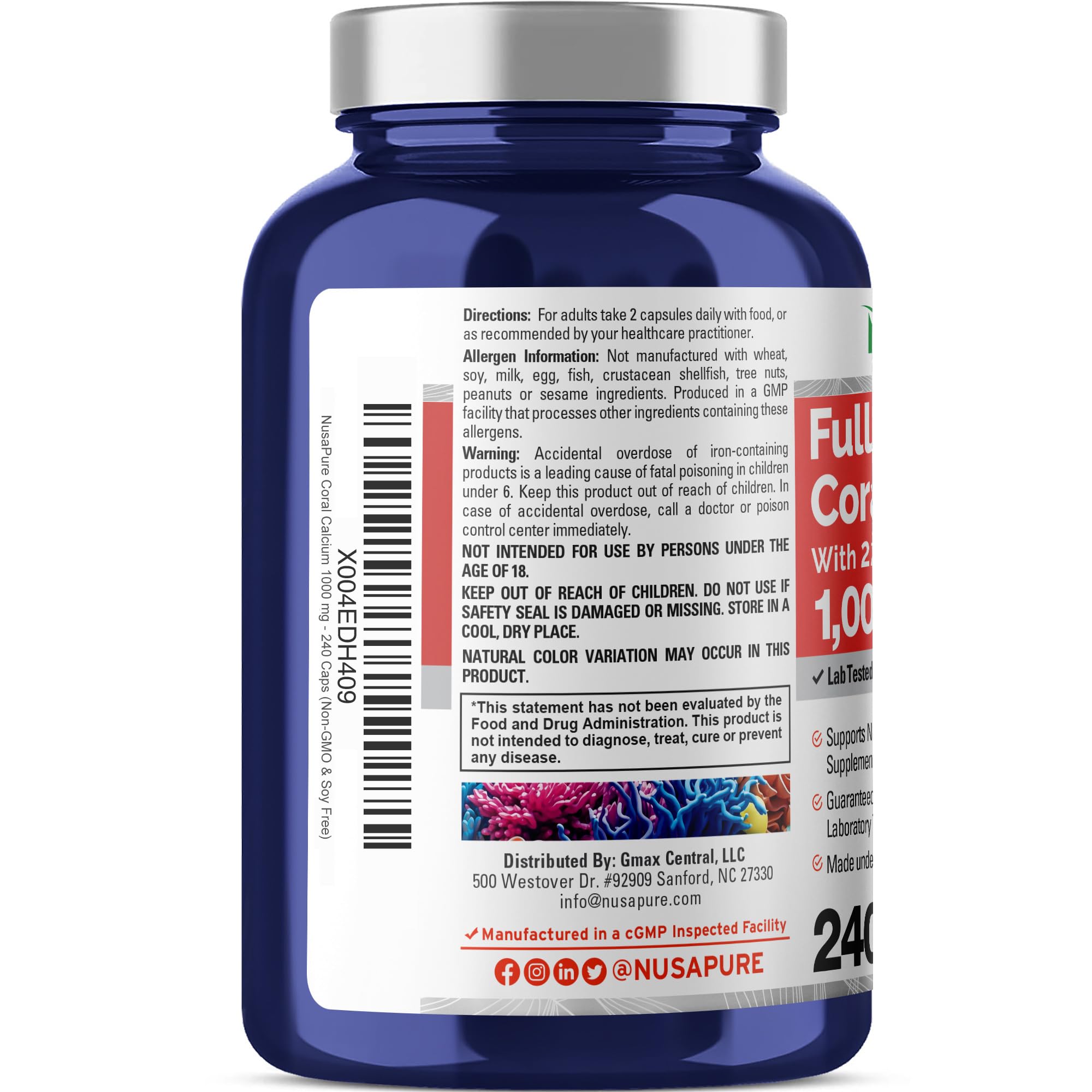 NusaPure Coral Calcium with 22 Vitamins & Minerals, Non- GMO - 1000 mg - 240 Caps