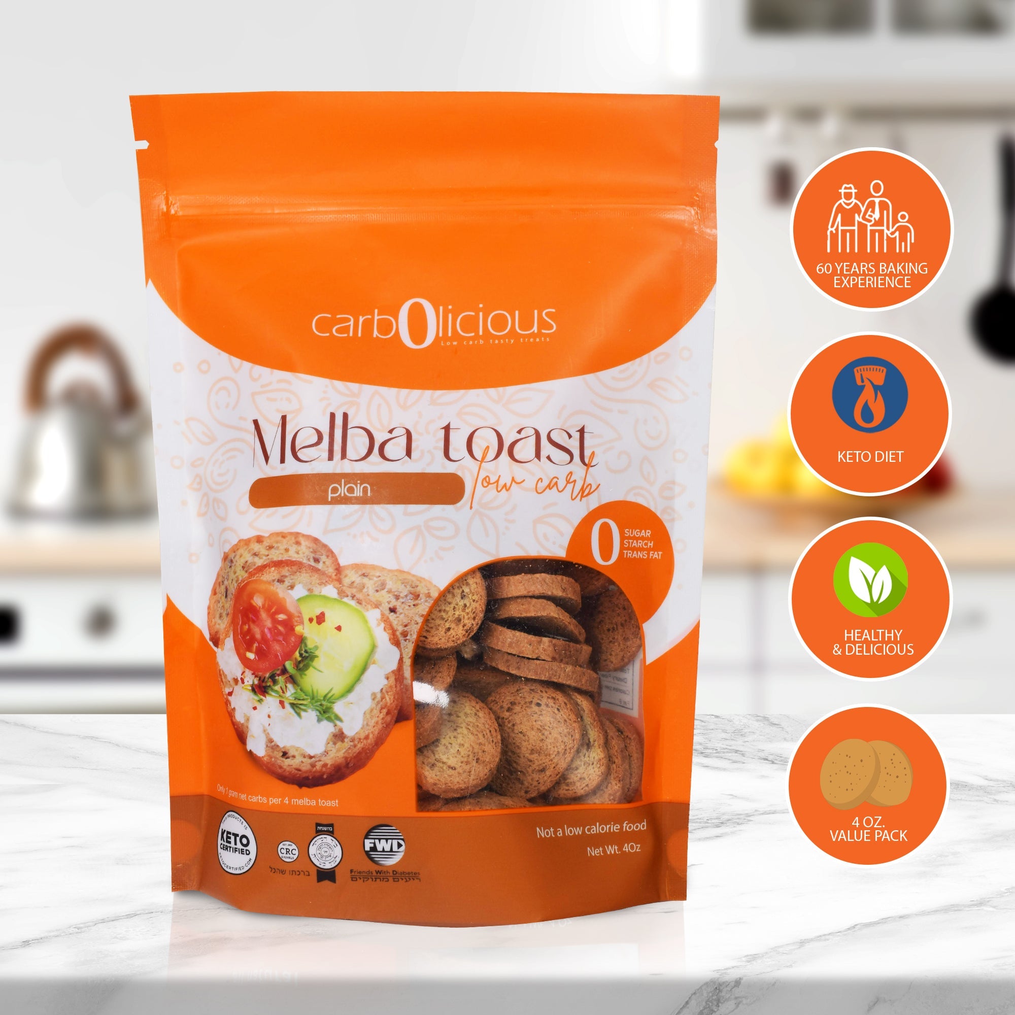 Carbolicious Melba Toast Low-Carb Sugar Free (PLAIN) KETO Snack, 4oz - 1g Net carbs per 8 slices