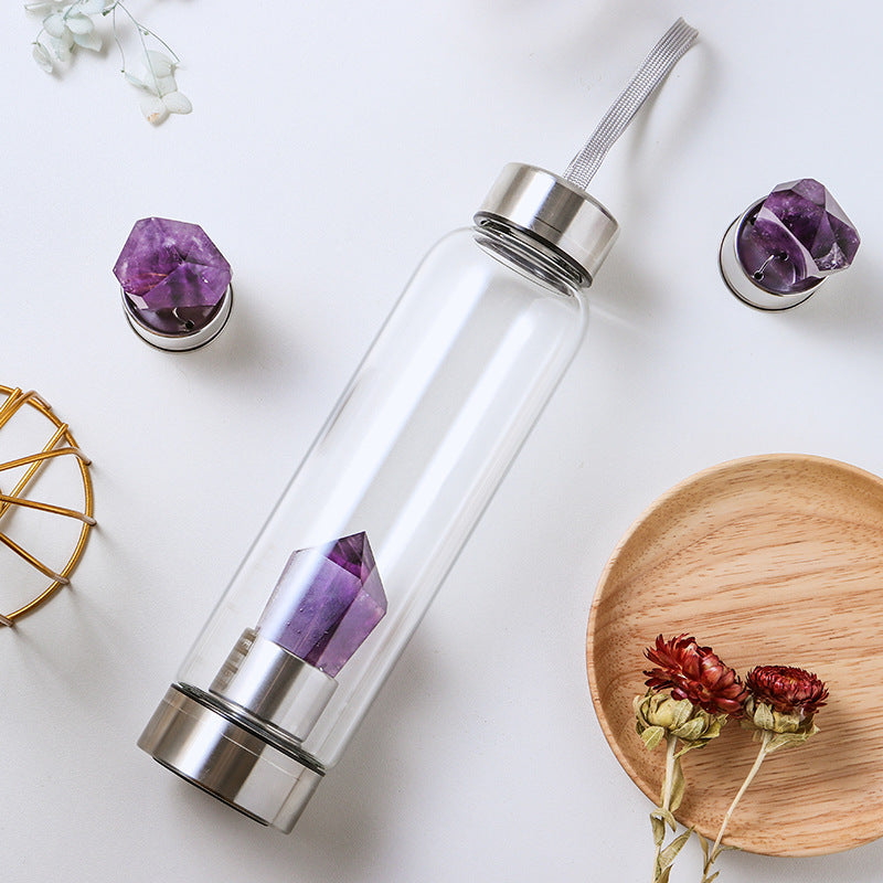 Natural Amethyst Crystal Energy Water Bottle – 550ml with Lid