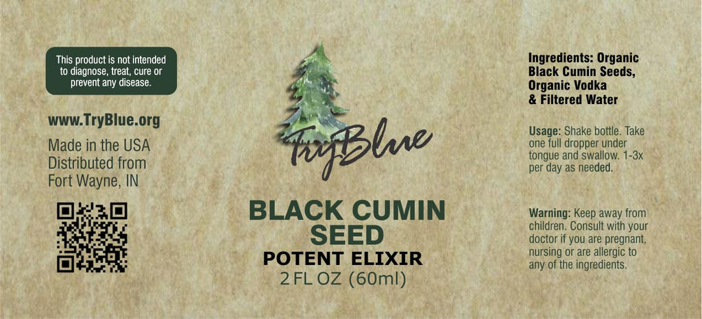 Organic Black Cumin Seed Potent Elixir label by TryBlue showing a 2 fl oz (60 mL) herbal tincture made with organic black cumin seeds, organic vodka, and filtered water. Label includes ingredients, suggested use, warning information, Made in USA statement, distributor information, website, QR code, and TryBlue branding.