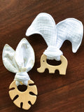 Baby Beech Wood Teether with Organic Cotton Fabric Tie