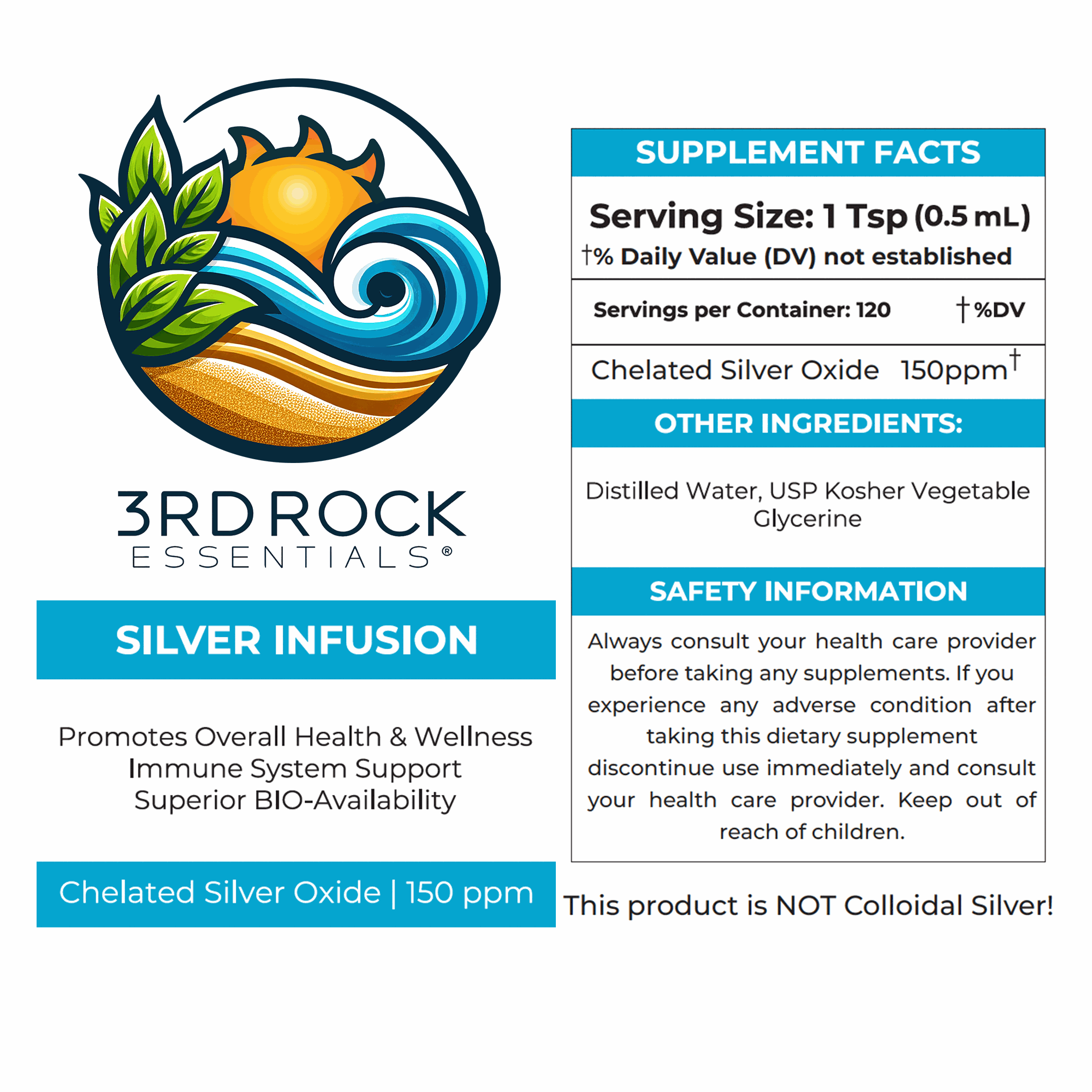 3rd Rock Essentials Silver Infusion – 150 PPM Chelated Silver Oxide Complex Supplement– 16 fl oz