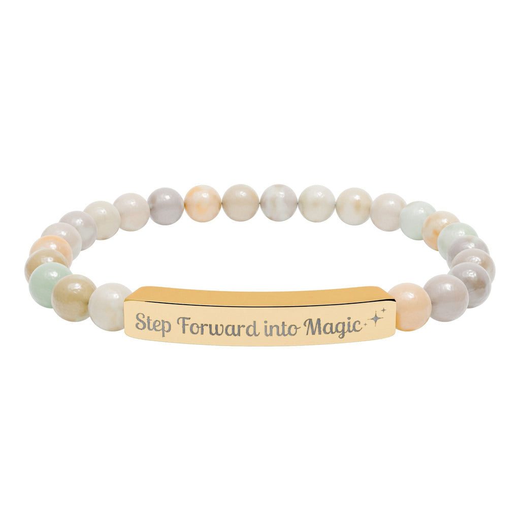 Engraved Natural Stone Stretch Bar Bracelet — "Step Forward into Magic" Motivational Beaded Bracelet