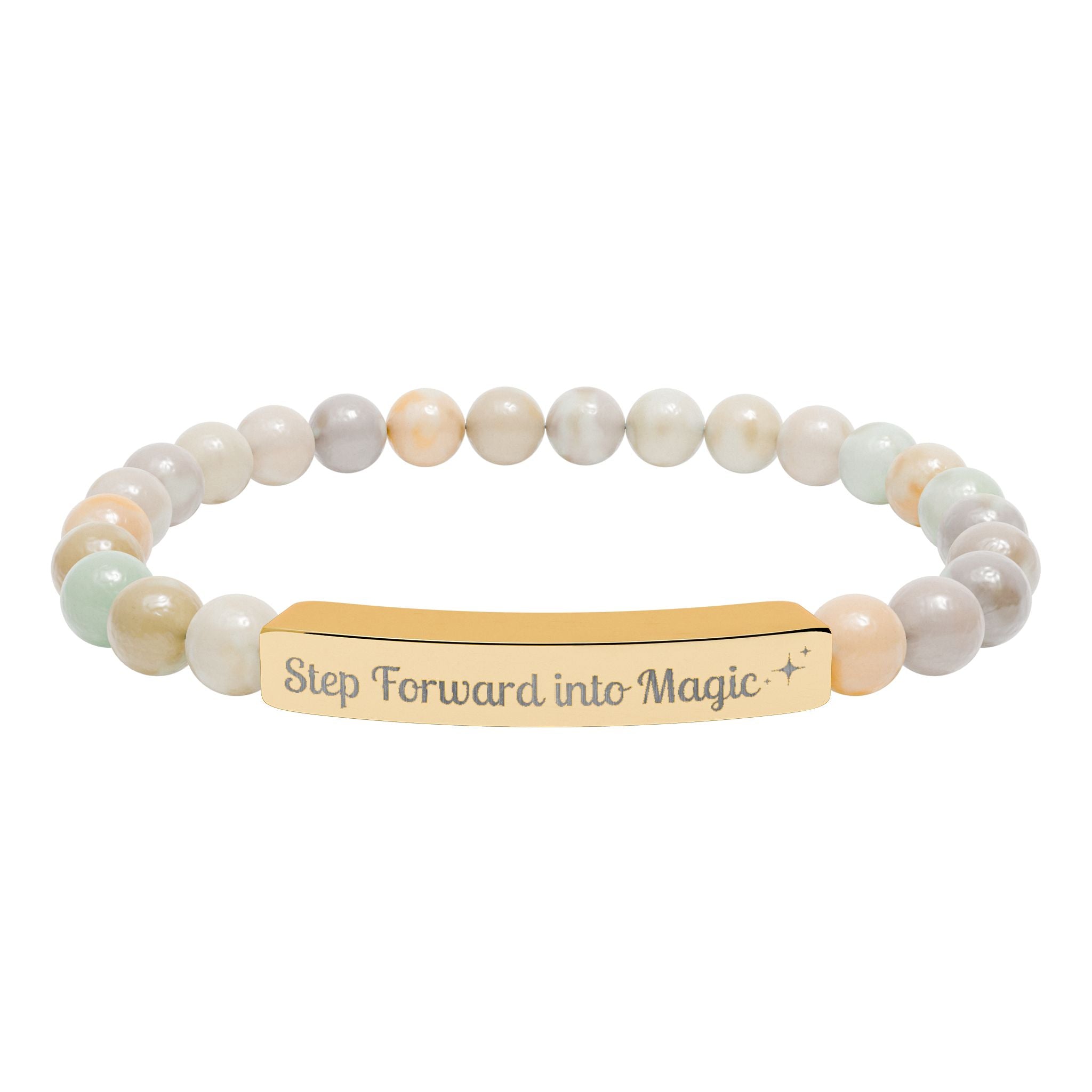 Engraved Natural Stone Stretch Bar Bracelet — "Step Forward into Magic" Motivational Beaded Bracelet