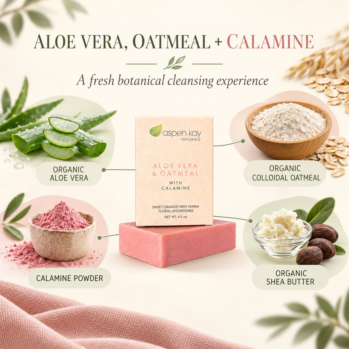 A pink cleansing bar soap standing upright on a light beige background, surrounded by ingredient callouts and photos of aloe vera, oatmeal, calamine powder, and shea butter. The central product box reads 'aspen kay naturals' and 'Aloe Vera & Oatmeal with Calamine.