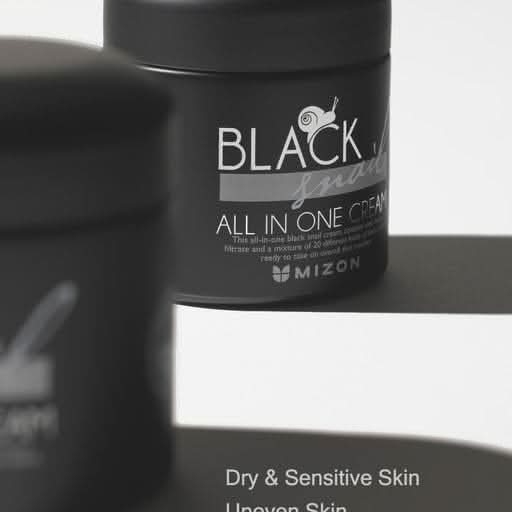 Black jar of MIZON Black Snail All In One Cream displayed on a white background, promoting intensive hydration, skin repair, wrinkle care, pore care, and improved skin elasticity for dry, dull, and sensitive skin.