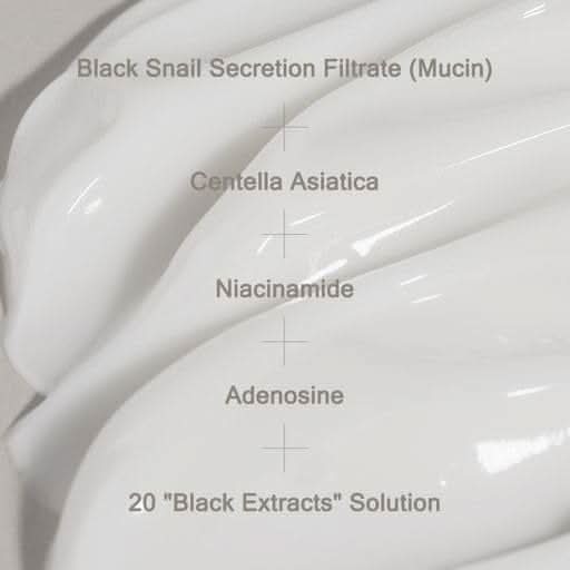 A black snail mucin face cream texture highlighting key ingredients: Black Snail Secretion Filtrate (Mucin), Centella Asiatica, Niacinamide, Adenosine, and 20 Black Extracts for hydrating, soothing, brightening, and anti-aging skincare.
