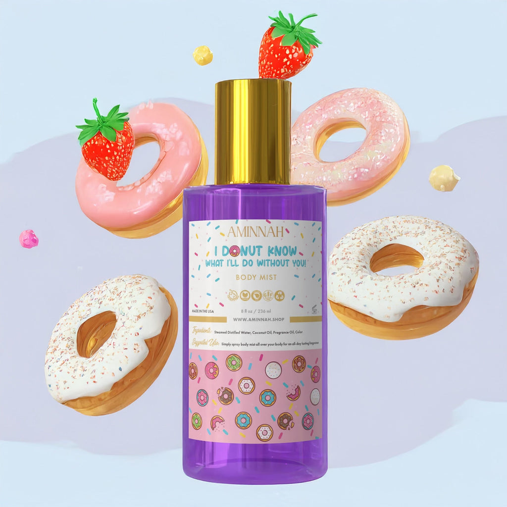 AMINNAH Body Mists fragrance collection featuring Unicorn Dreams, Mermaid Kisses, XOXO, and Sprinkle Donut. Lightweight fruity body sprays for everyday fragrance layering from a female-owned clean beauty brand.