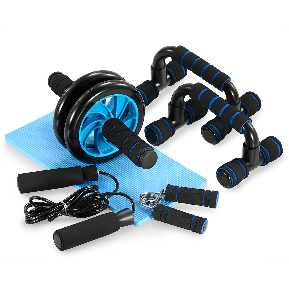 Set of exercise tools including an ab roller, resistance bands, and a yoga mat on a white background