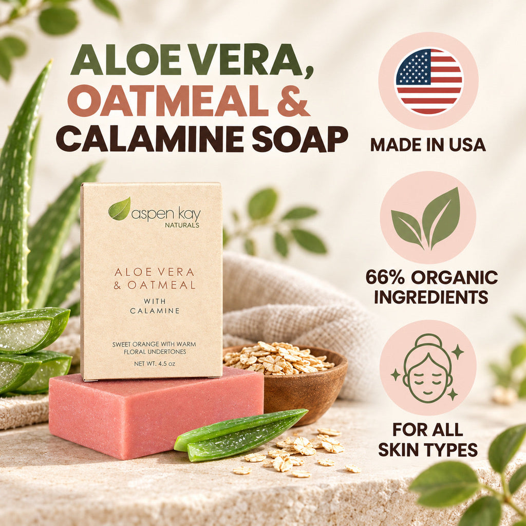 Aspen Kay Naturals Aloe Vera & Oatmeal with Calamine soap bar shown in a styled product graphic with a kraft paper box, pink soap bar, aloe vera slices, oats, and marketing callouts including 'Made in USA', '66% Organic Ingredients', and 'For All Skin Types'.