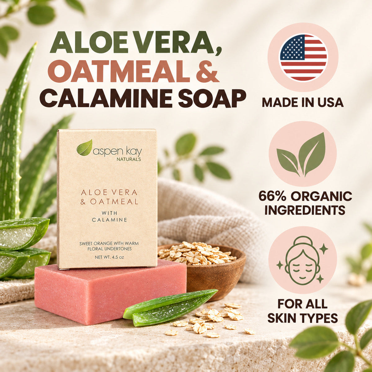 Aspen Kay Naturals Aloe Vera & Oatmeal with Calamine soap bar shown in a styled product graphic with a kraft paper box, pink soap bar, aloe vera slices, oats, and marketing callouts including 'Made in USA', '66% Organic Ingredients', and 'For All Skin Types'.