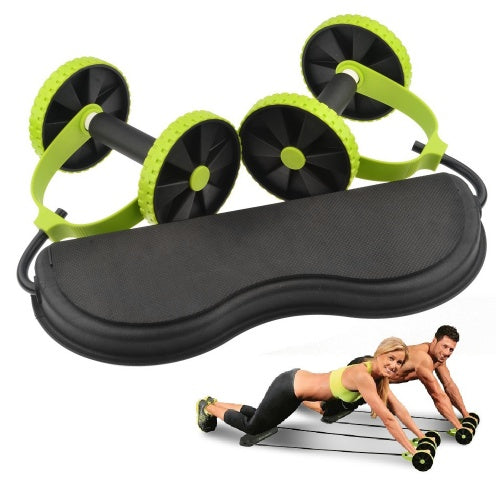 Ab roller exercise tool with green wheels and black base, shown with people using it.