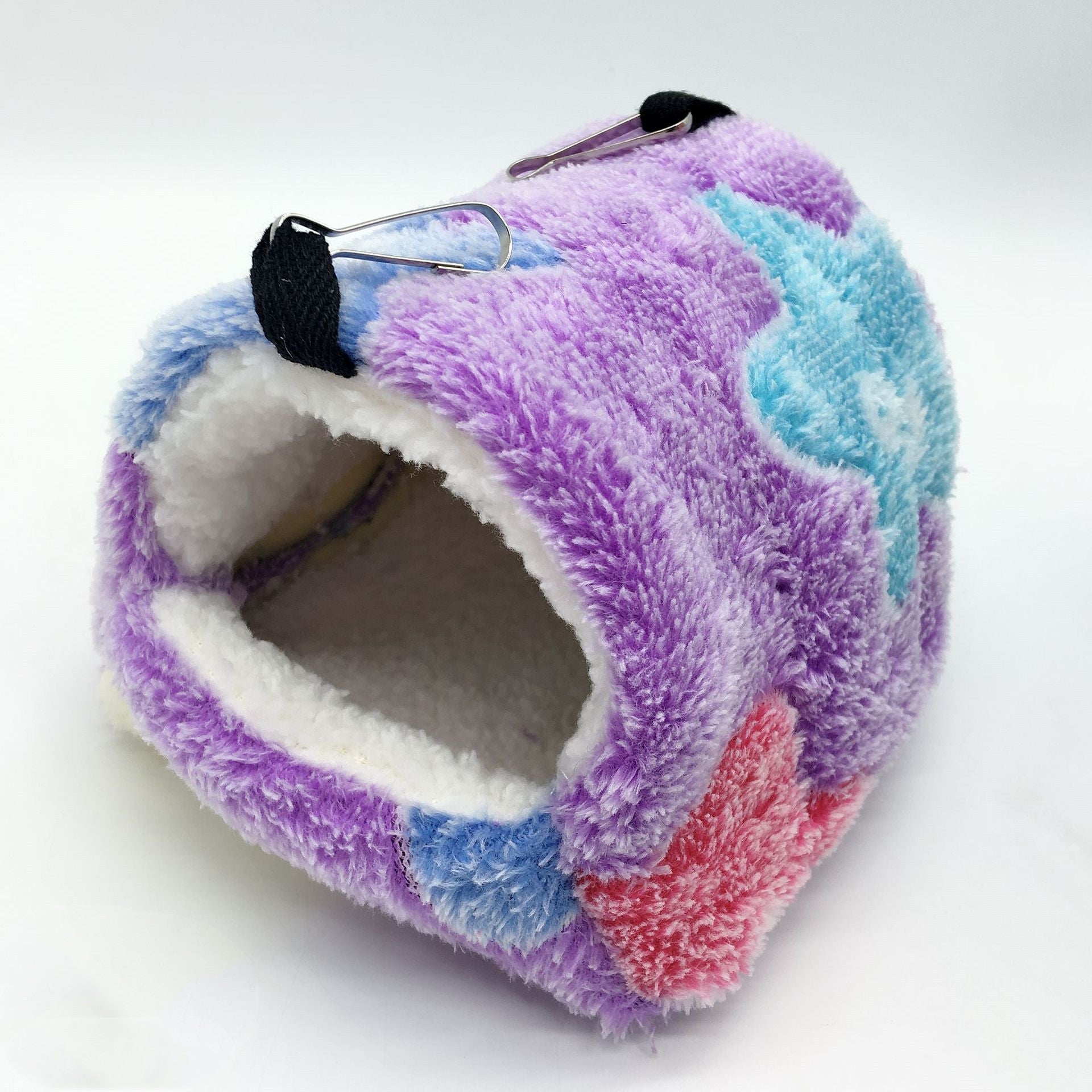 Colorful plush hanging hamster sleeping bag nest with ultra-soft fleece lining, cozy enclosed hideaway, and metal hanging hooks for hamsters, mice, gerbils, dwarf hamsters, and other small pets.