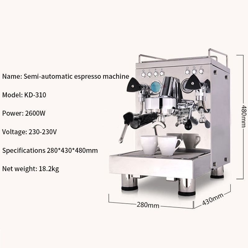 Stainless steel semi-automatic espresso machine with model KD-310 specifications displayed, featuring dual group heads, steam wand, and dimensions of 280 × 430 × 480 mm on a white background.