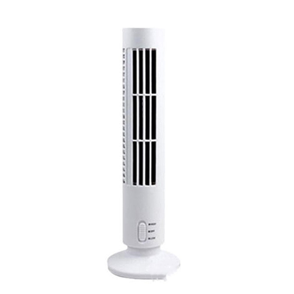A white oscillating mini usb tower fan with black vent slats and a small control panel near the base, shown on a plain white background.