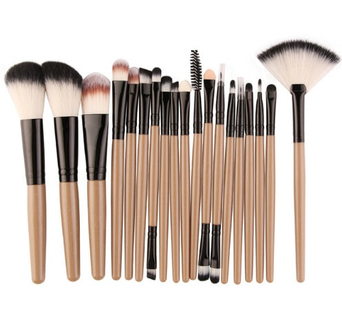 Set of 20 makeup brushes with black and brown handles on a white background