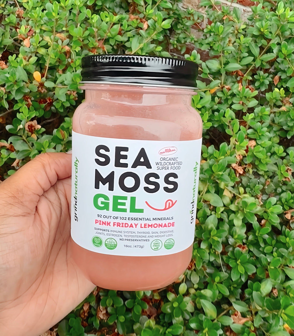 Hand holding a jar of Grind Naturally Organic Pink Friday Lemonade Sea Moss Gel made with wildcrafted St. Lucia sea moss, displayed outdoors against lush green foliage, showcasing the premium superfood supplement packaging.