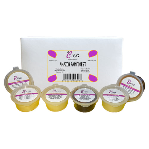 3CayG Amazon Rainforest Butter Sampler gift set with six natural body butter samples in labeled containers and retail packaging on a white background. Includes Babassu Oil, Bacuri Butter, Cupuaçu Butter, Murumuru Butter, Tucuma Butter, and Ucuuba Butter for skin and hair care.