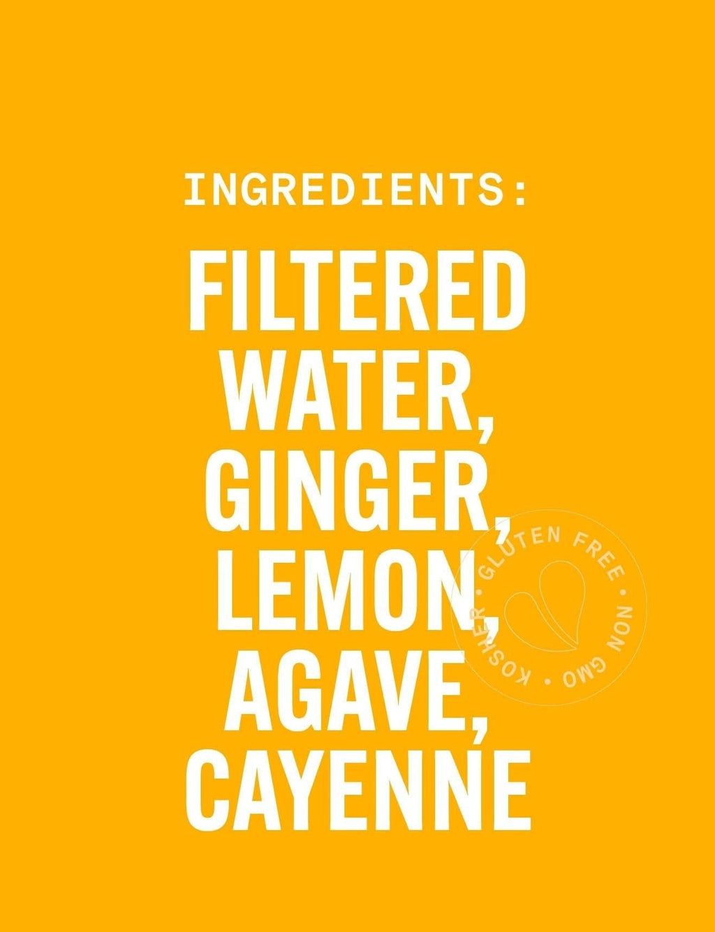 List of ingredients on a yellow background with a logo in the corner. PURE GREEN PURE GINGERADE Cold-Pressed NON-GMO Juice Drink with Filtered Water, Ginger, Lemon, Agave, and Cayenne, No Added Sugar, Gluten-Free