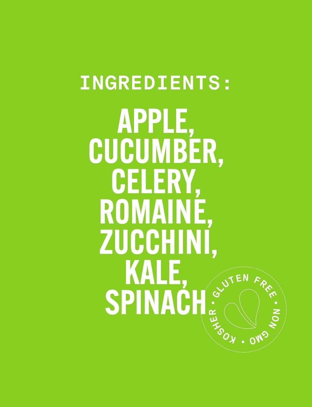 List of ingredients on a green background with a kosher certification logo. PURE GREENS APPLE: Cold-Pressed NON-GMO Juice Drink with with Cucumber, Apple, Celery, Spinach, Ginger, Kale, Apple Cider, Vinegar, Spirulinal, Mint, No Added Sugar, Gluten-Free