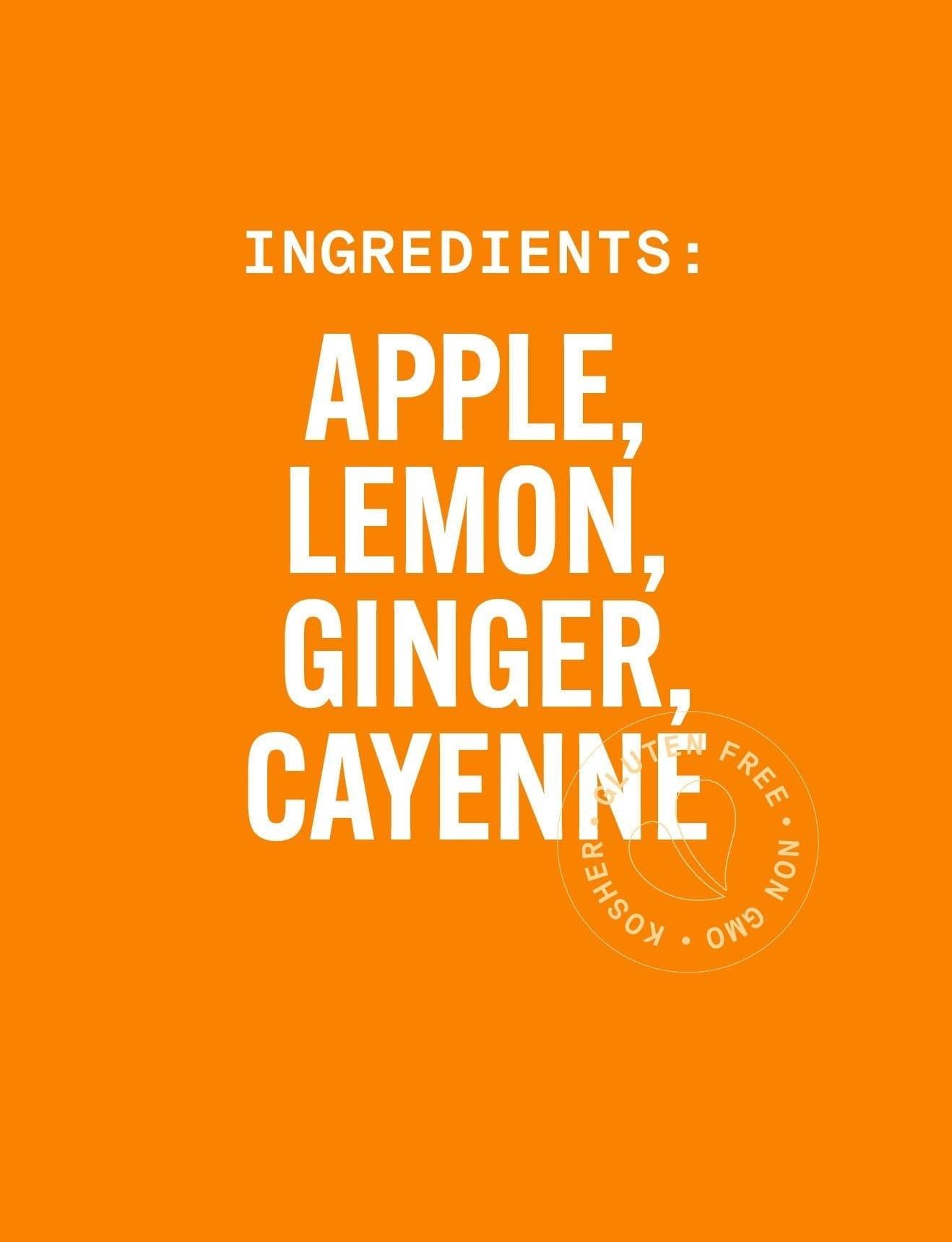 Orange background with white text listing ingredients: Apple, Lemon, Ginger, Cayenne. PURE GREEN WAKE UP CALL Cold-Pressed NON-GMO Juice Drink with Apple, Lemon, Ginger and Cayenne, No Added Sugar, Gluten-Free
