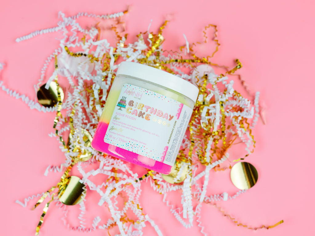 3X Sugar Scrub Bundle featuring Birthday Cake sugar scrub in decorative gift-style packaging with natural ingredients for gentle exfoliation and soft, glowing skin. Clean beauty, cruelty-free, vegan skincare from a female-owned brand, perfect for nourishing dry skin and creating a smooth, radiant complexion.