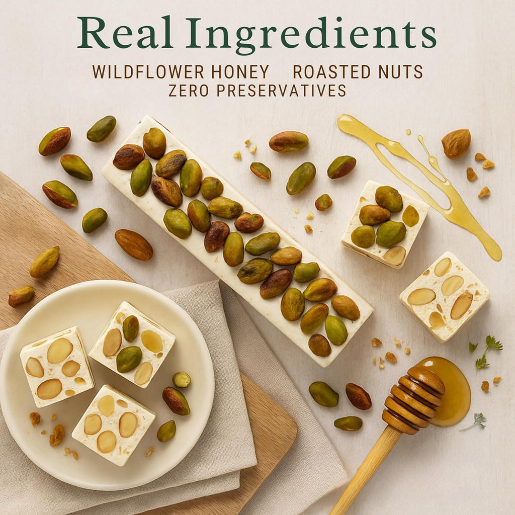 Andy Anand Gluten Free Roasted Pistachios Nougat Brittle – European Soft Nougat with Wildflower Honey & Roasted Nuts, 7 Oz