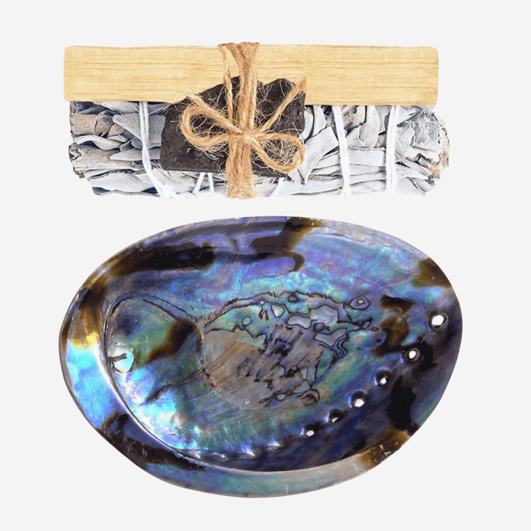 Protection Ritual Set with white sage smudge bundle, Palo Santo wood and iridescent abalone shell for spiritual cleansing, energy clearing and protection rituals